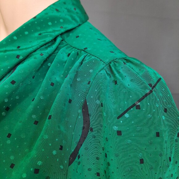 Vintage 80s Secretary Blouse Green Swirl Pattern Tie Neck Long Sleeve Petite M - Picture 4 of 9